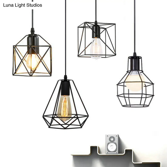Industrial Metal Wire Cage Bedside Pendant Light - Black Hanging Lamp Kit