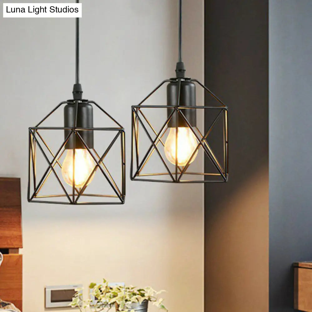 Industrial Metal Wire Cage Bedside Pendant Light - Black Hanging Lamp Kit