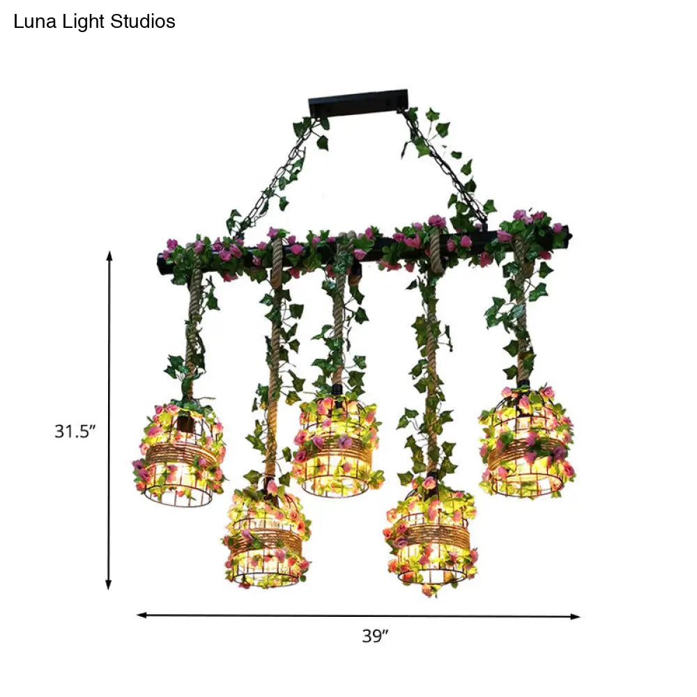 Industrial Metal 5-Head Black Cage Island Lighting Fixture For Restaurants And Plants