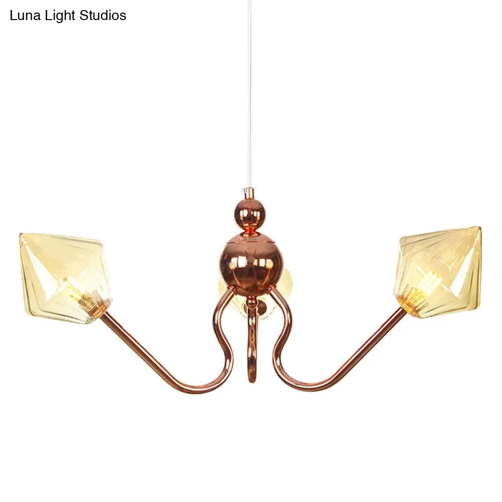 Industrial Metal And Glass Diamond Chandelier - 3-Light Kitchen Pendant Lamp In Amber/Clear