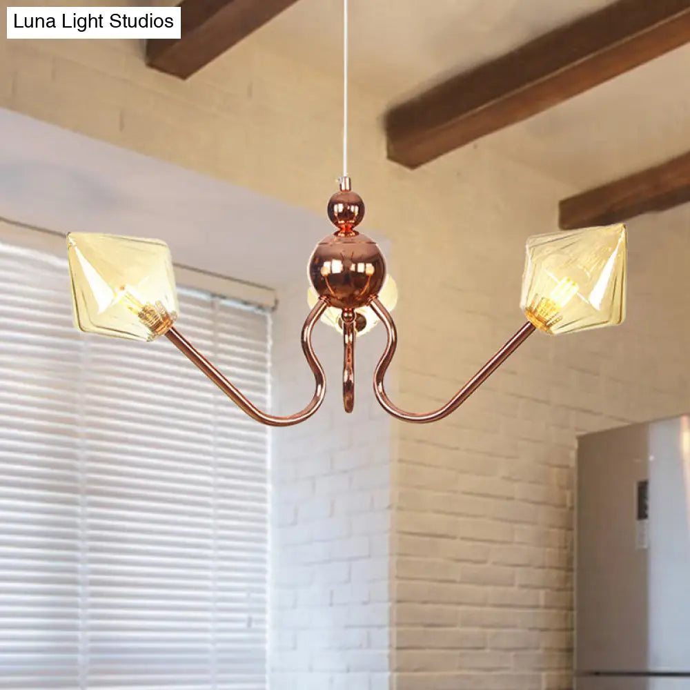 Industrial Metal And Glass Diamond Chandelier - 3-Light Kitchen Pendant Lamp In Amber/Clear