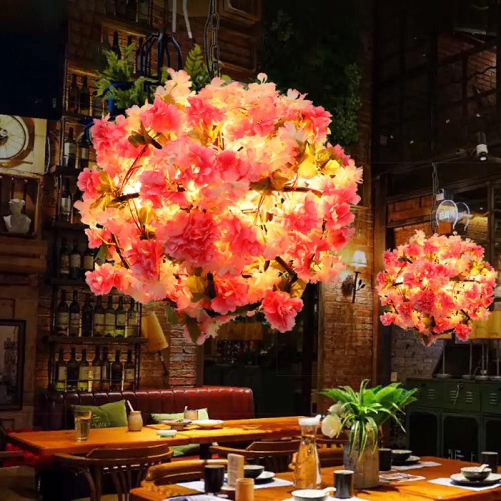 Industrial Metal Ball Chandelier Light With Pink Led Bulbs And Cherry Blossom Design