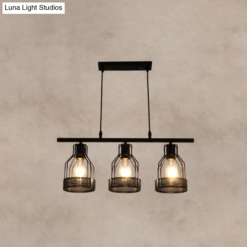 Industrial Metal Bar Chandelier: Black Birdcage Island Lighting Fixture 3 /