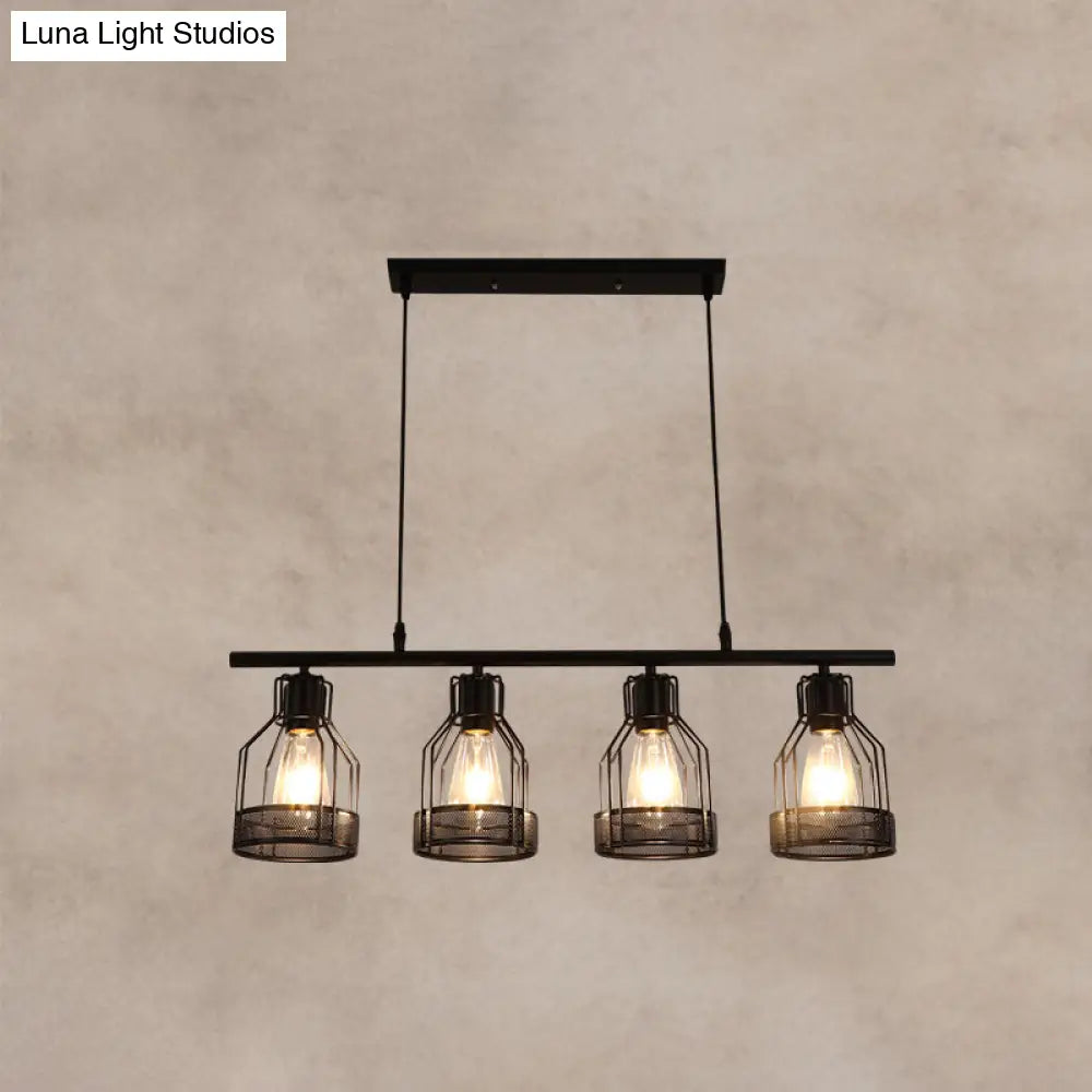 Industrial Metal Bar Chandelier: Black Birdcage Island Lighting Fixture 4 /