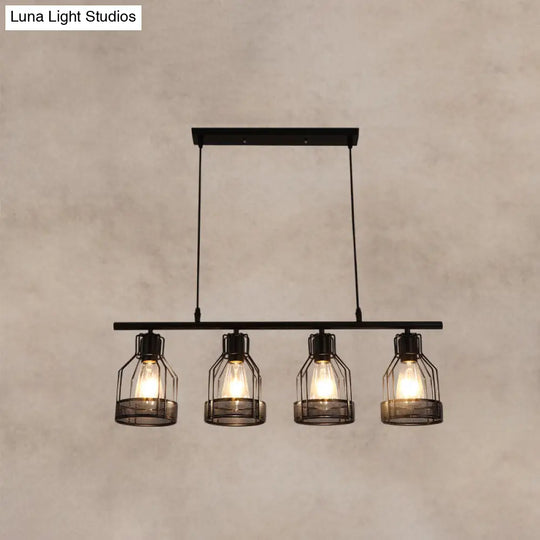 Industrial Metal Bar Chandelier: Black Birdcage Island Lighting Fixture 4 /