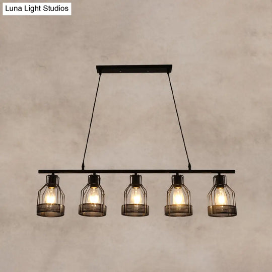 Industrial Metal Bar Chandelier: Black Birdcage Island Lighting Fixture 5 /