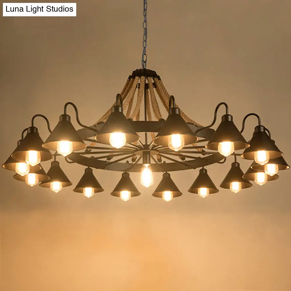 Industrial Metal Black Chandelier With Cone & Rope Design And Wagon Wheel Suspension