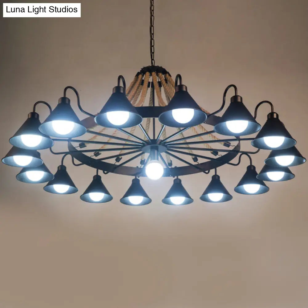 Industrial Black Metal Chandelier With Rope Suspension And Wagon Wheel Design