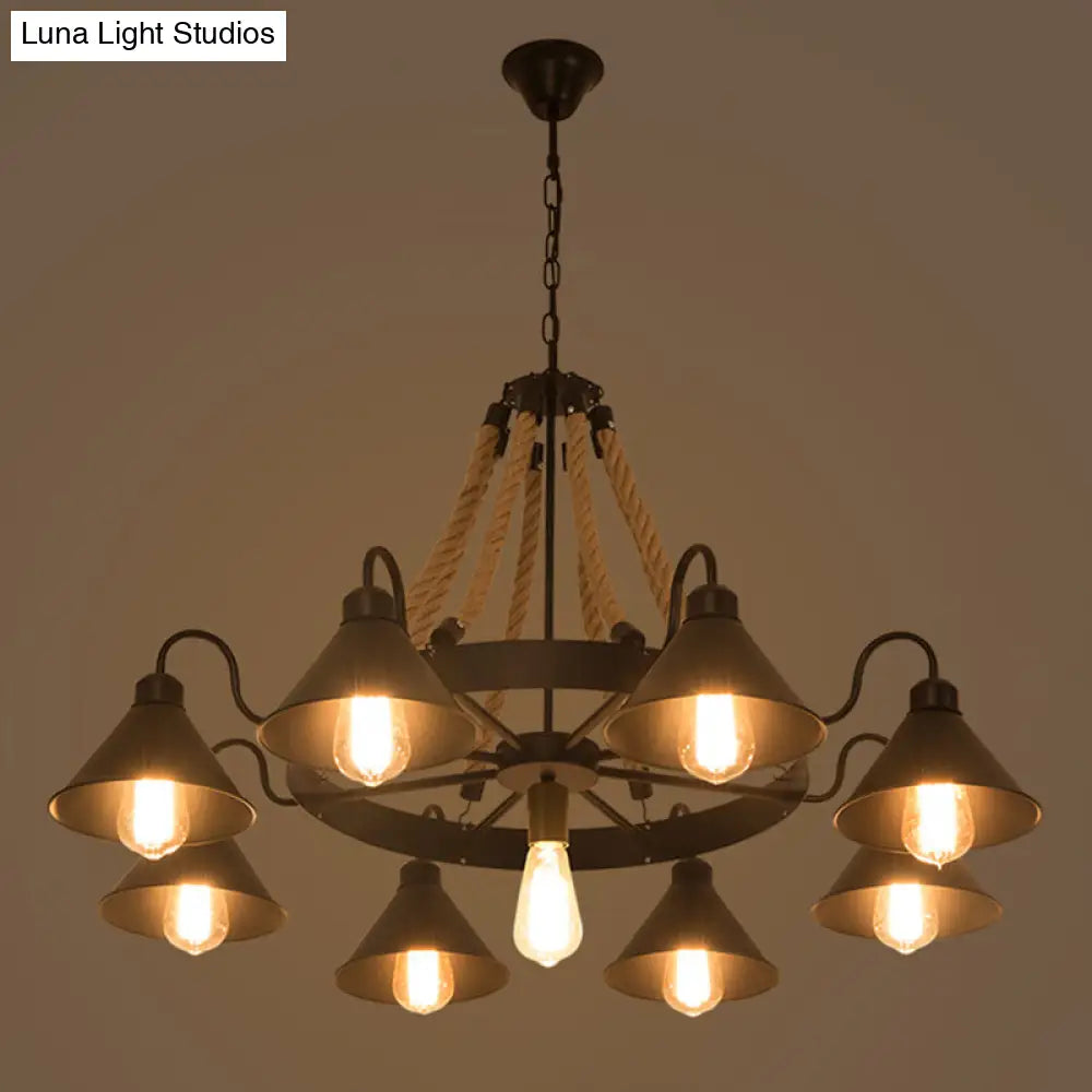 Industrial Black Metal Chandelier With Rope Suspension And Wagon Wheel Design 9 /