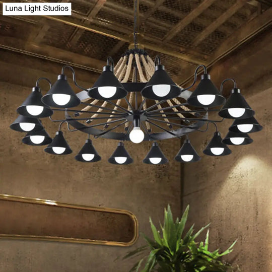 Industrial Black Metal Chandelier With Rope Suspension And Wagon Wheel Design 17 /