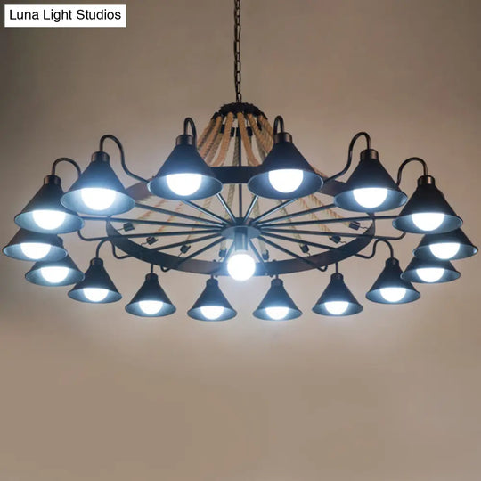 Industrial Metal Black Chandelier With Cone & Rope Design And Wagon Wheel Suspension