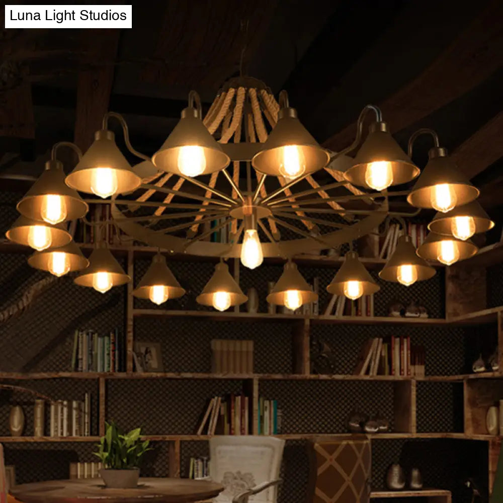 Industrial Metal Black Chandelier With Cone & Rope Design And Wagon Wheel Suspension