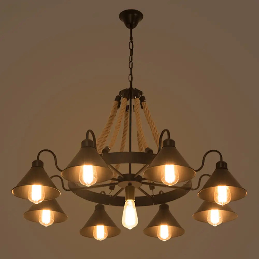 Industrial Metal Black Chandelier With Cone & Rope Design And Wagon Wheel Suspension 9 /