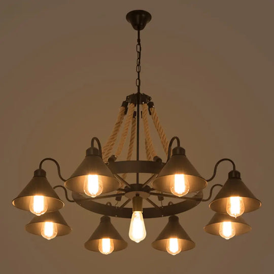 Industrial Metal Black Chandelier With Cone & Rope Design And Wagon Wheel Suspension 9 /