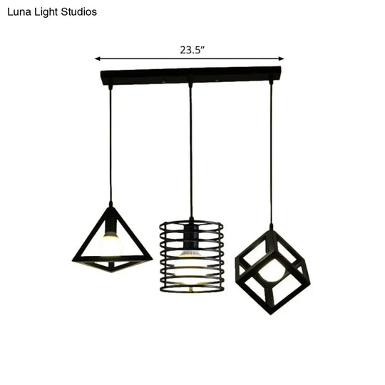Industrial Metal Black Pendant Lamp With Wire Cage 3 Bulbs And Stylish Hanging Lighting For