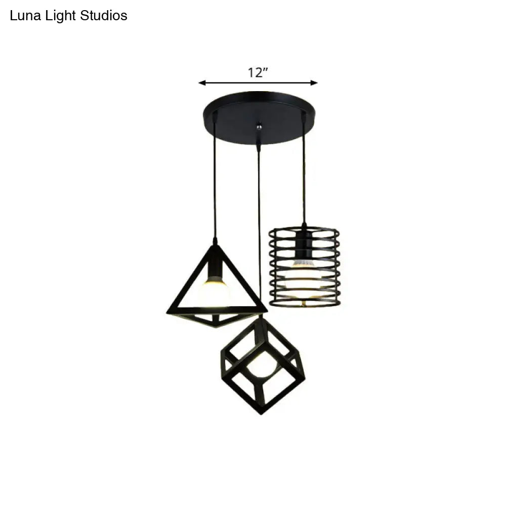 Metal Black Pendant Lamp With Wire Cage And 3 Bulbs - Industrial Stylish Hanging Lighting For