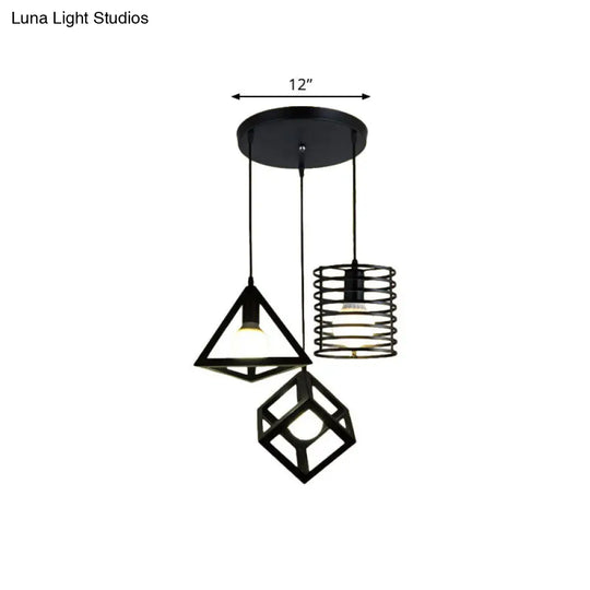 Metal Black Pendant Lamp With Wire Cage And 3 Bulbs - Industrial Stylish Hanging Lighting For