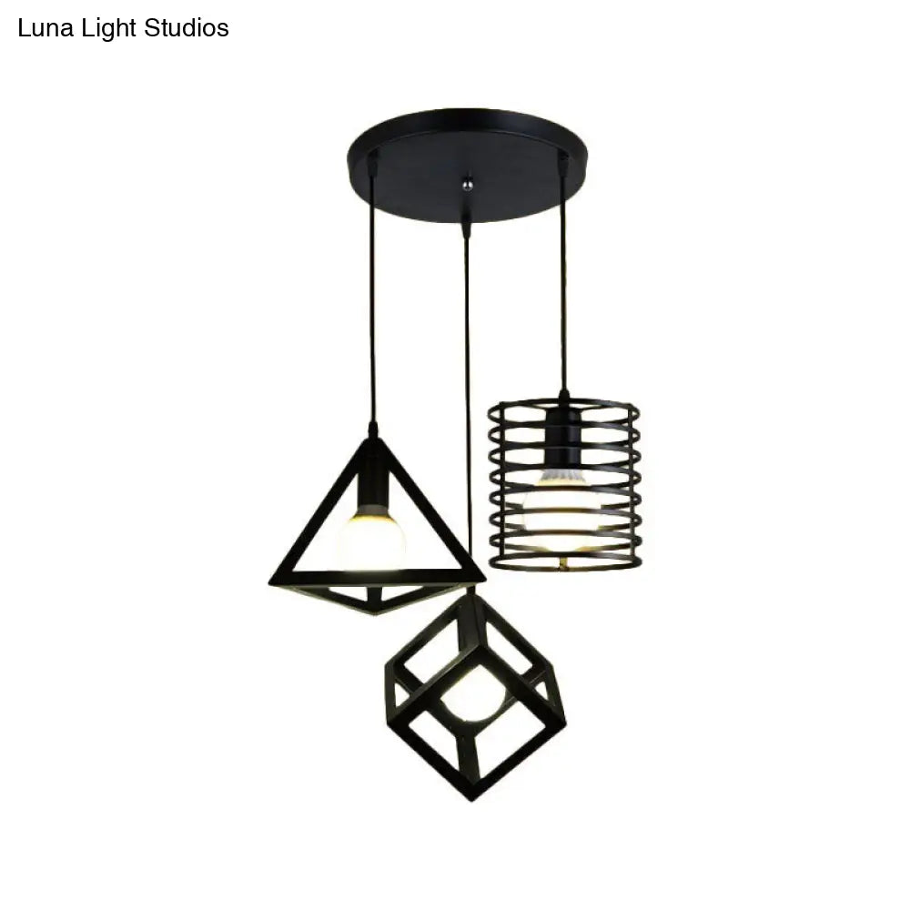 Metal Black Pendant Lamp With Wire Cage And 3 Bulbs - Industrial Stylish Hanging Lighting For