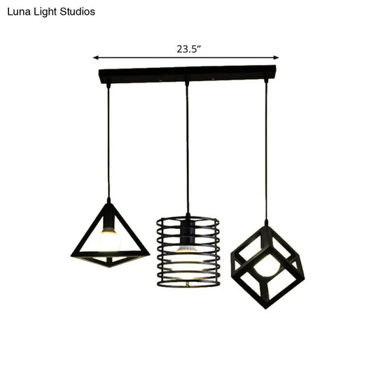 Metal Black Pendant Lamp With Wire Cage And 3 Bulbs - Industrial Stylish Hanging Lighting For