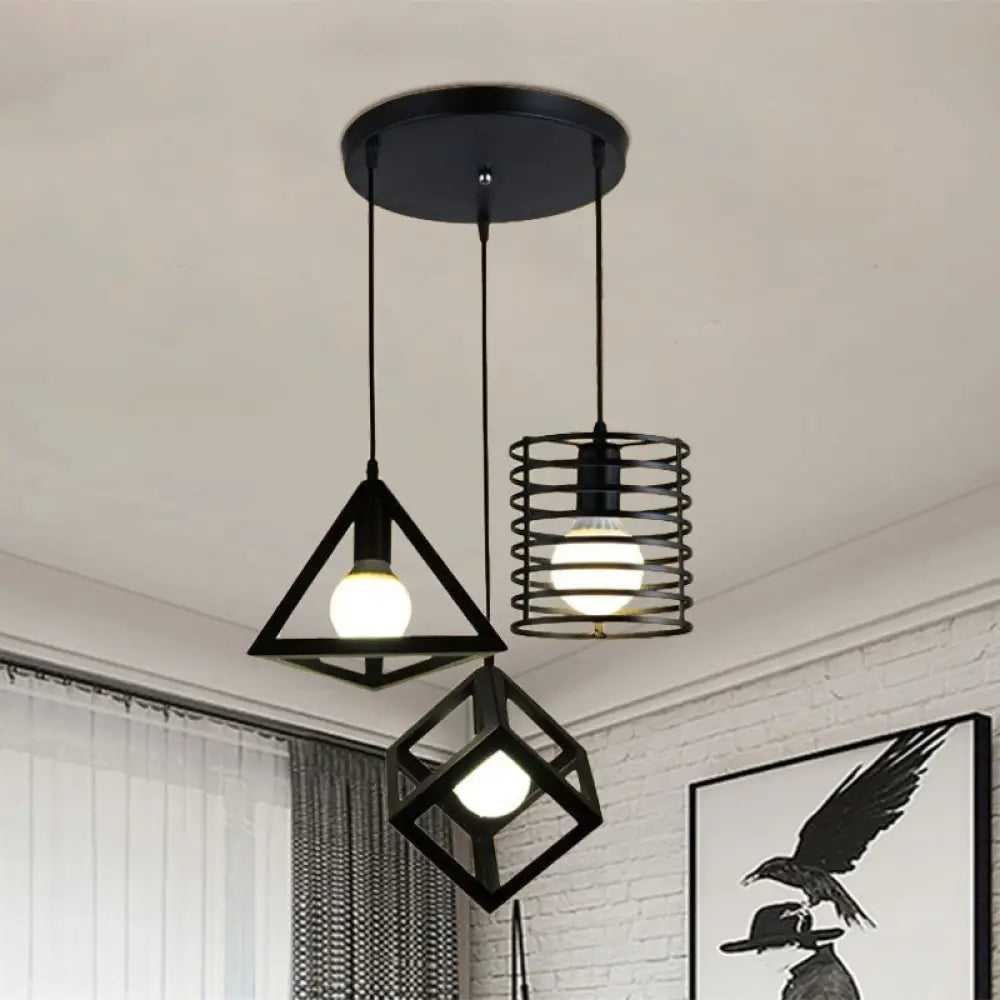 Industrial Metal Black Pendant Lamp With Wire Cage 3 Bulbs And Stylish Hanging Lighting For