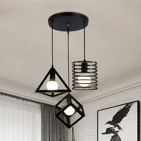 Industrial Metal Black Pendant Lamp With Wire Cage 3 Bulbs And Stylish Hanging Lighting For