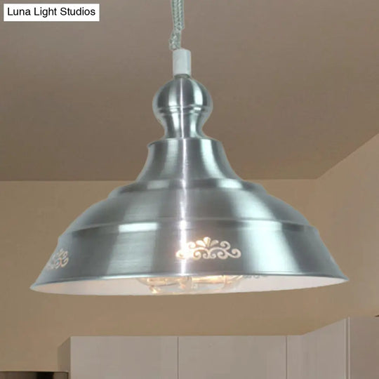Industrial Nickel Bowl Ceiling Light With Extendable Arm And Flower Pattern