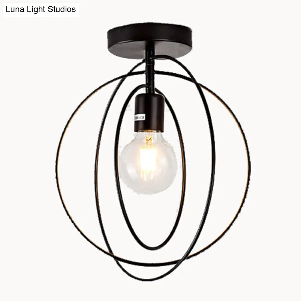 Industrial Metal Ceiling Mount Chandelier - 1 Light Semi Flush Fixture For Hallway Black / Circle