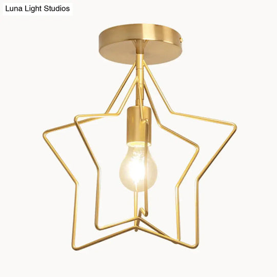 Industrial Metal Ceiling Mount Chandelier - 1 Light Semi Flush Fixture For Hallway Gold / Star