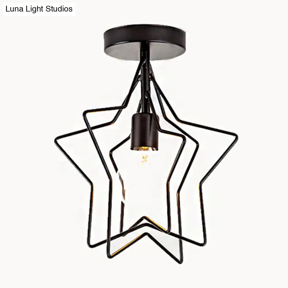 Industrial Metal Ceiling Mount Chandelier - 1 Light Semi Flush Fixture For Hallway Black / Star