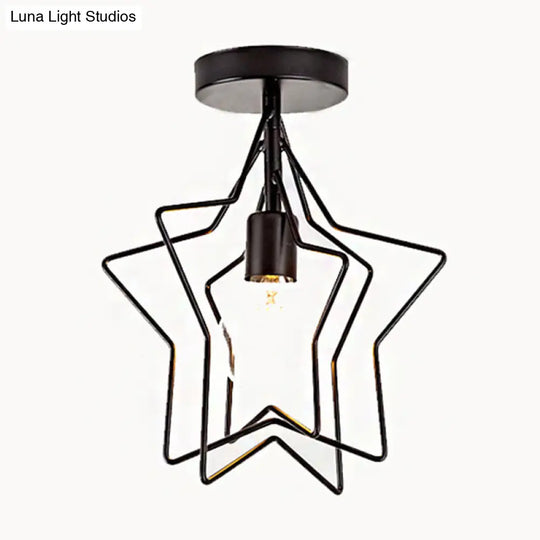 Industrial Metal Ceiling Mount Chandelier - 1 Light Semi Flush Fixture For Hallway Black / Star