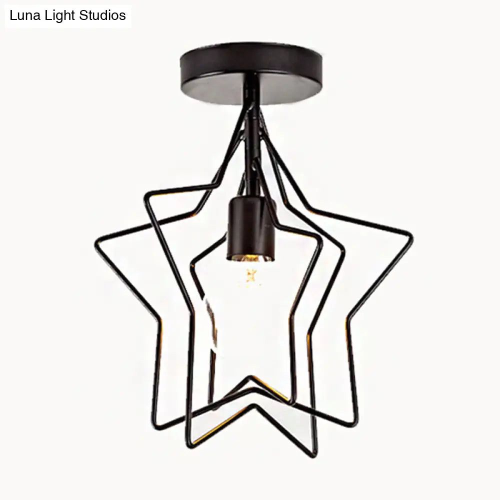 Industrial Metal Ceiling Mount Chandelier - 1 Light Semi Flush Fixture For Hallway Black / Star