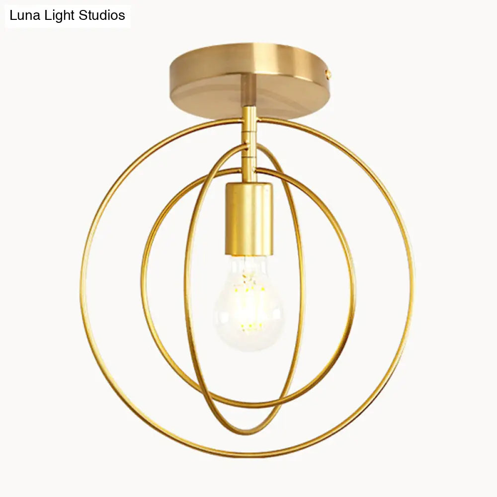 Industrial Metal Ceiling Mount Chandelier - 1 Light Semi Flush Fixture For Hallway Gold / Circle