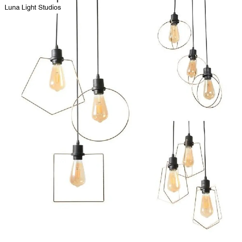 Industrial Metal Ceiling Pendant Light With Gold Ring And Pentagon Design - 3 Lights Suspended Lamp