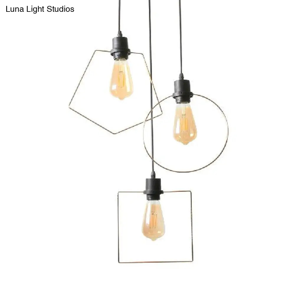 Industrial Metal Ceiling Pendant Fixture With 3 Suspended Lights - Gold Ring/Pentagon/Admix