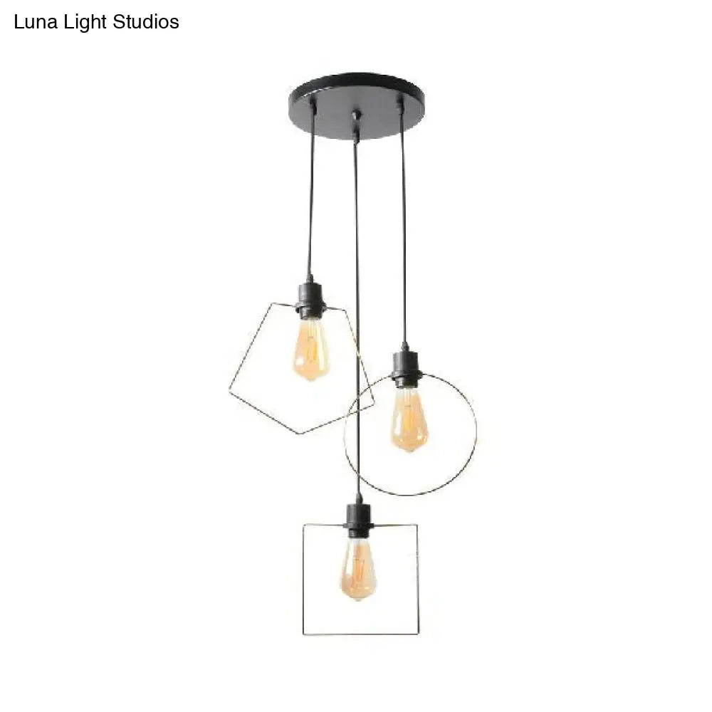 Industrial Metal Ceiling Pendant Light With Gold Ring And Pentagon Design - 3 Lights Suspended Lamp