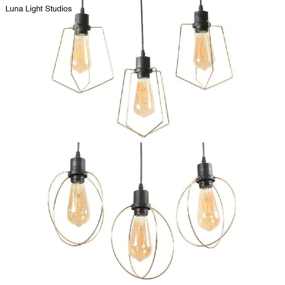 Industrial Metal Ceiling Pendant Fixture With 3 Suspended Lights - Gold Ring/Pentagon/Admix