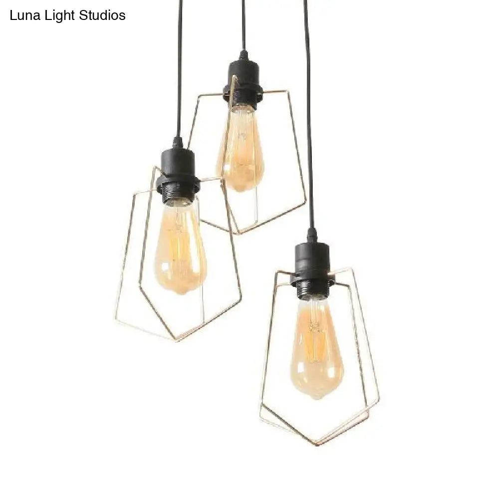 Industrial Metal Ceiling Pendant Light With Gold Ring And Pentagon Design - 3 Lights Suspended Lamp