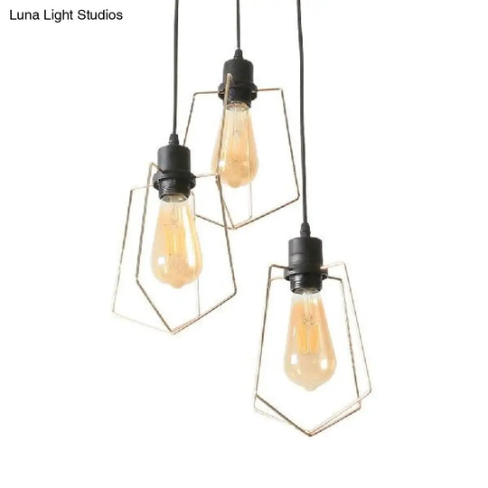 Industrial Metal Ceiling Pendant Light With Gold Ring And Pentagon Design - 3 Lights Suspended Lamp