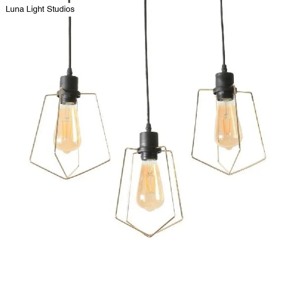 Industrial Metal Ceiling Pendant Light With Gold Ring And Pentagon Design - 3 Lights Suspended Lamp