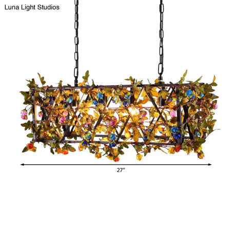 Industrial Metal Chandelier: 4-Light Black Dining Room Pendant With Flower Detail