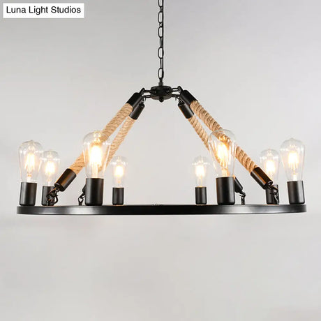 Industrial Metal Chandelier: Open Bulb 6/8-Light Rope Pendant Lamp Black With Ring Design - Dining