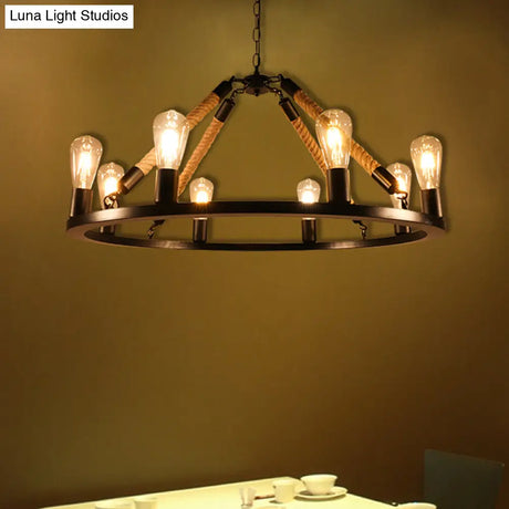 Industrial Metal Chandelier: Open Bulb 6/8-Light Rope Pendant Lamp Black With Ring Design - Dining