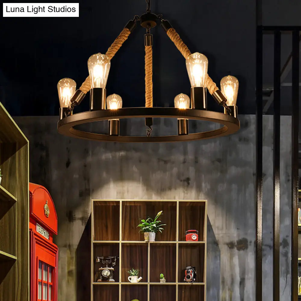 Industrial Open Bulb Metal Chandelier: 6/8-Light Black Pendant Lamp With Rope & Ring Design
