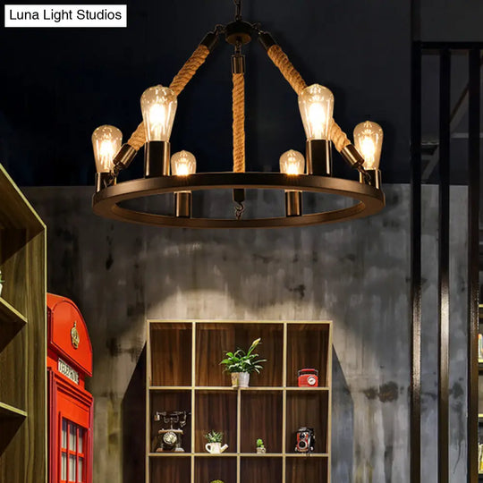 Industrial Open Bulb Metal Chandelier: 6/8-Light Black Pendant Lamp With Rope & Ring Design