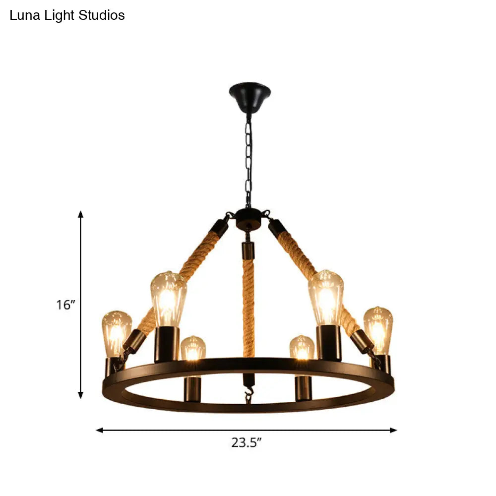 Industrial Open Bulb Metal Chandelier: 6/8-Light Black Pendant Lamp With Rope & Ring Design