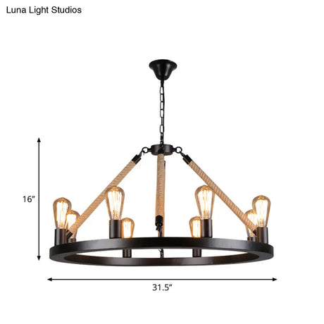 Industrial Metal Chandelier: Open Bulb 6/8-Light Rope Pendant Lamp Black With Ring Design - Dining