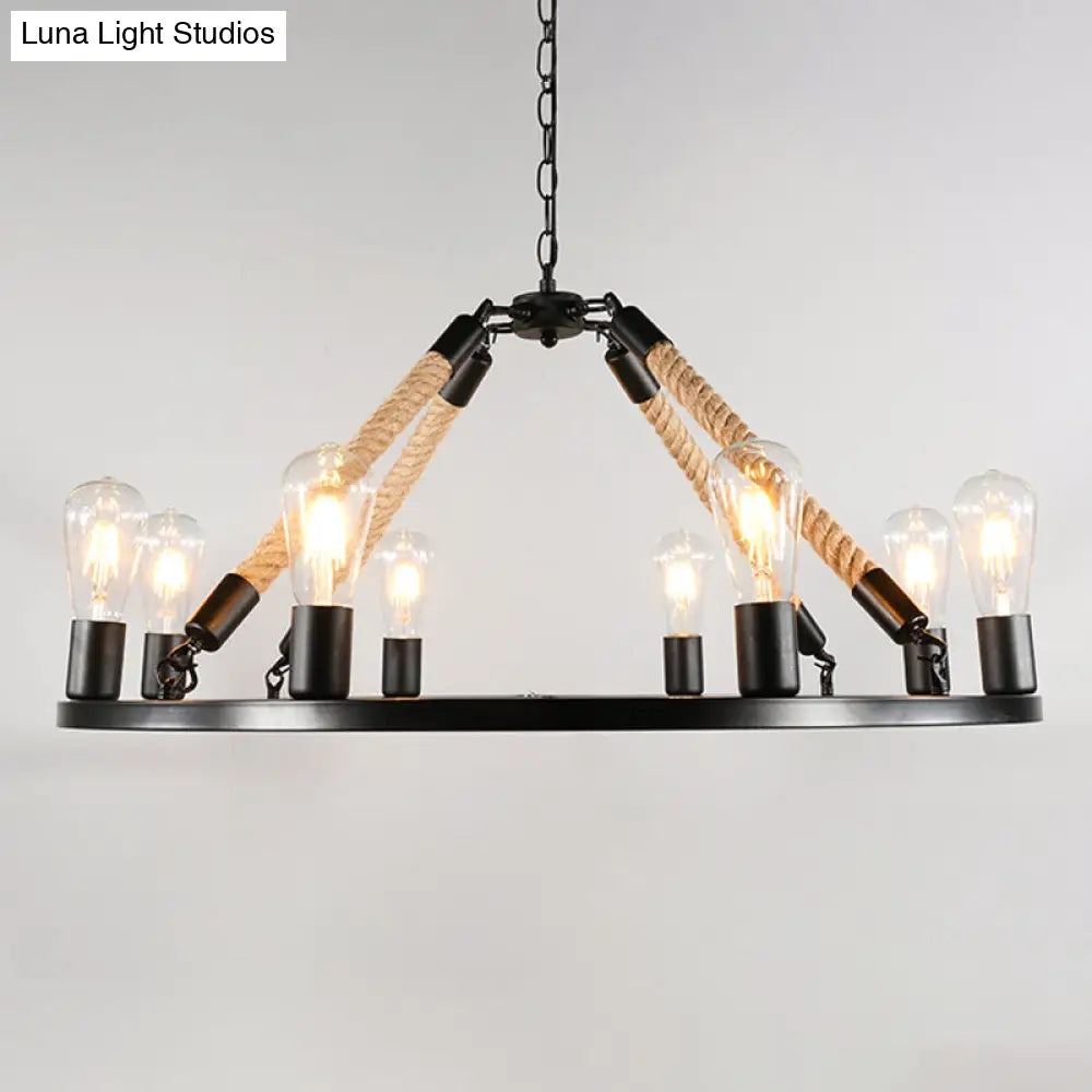 Industrial Open Bulb Metal Chandelier: 6/8-Light Black Pendant Lamp With Rope & Ring Design
