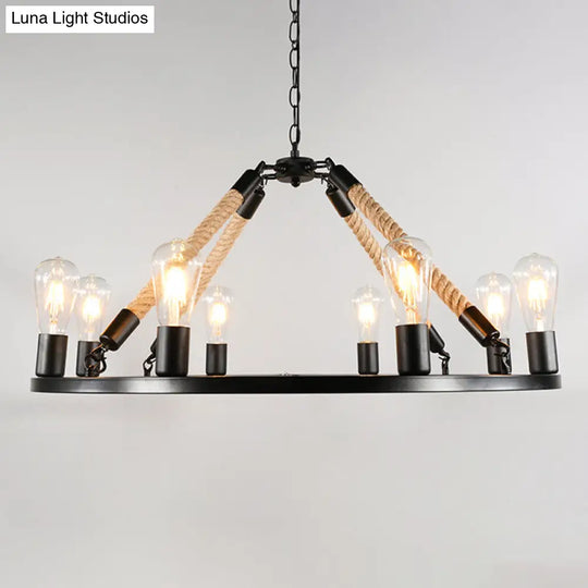Industrial Open Bulb Metal Chandelier: 6/8-Light Black Pendant Lamp With Rope & Ring Design