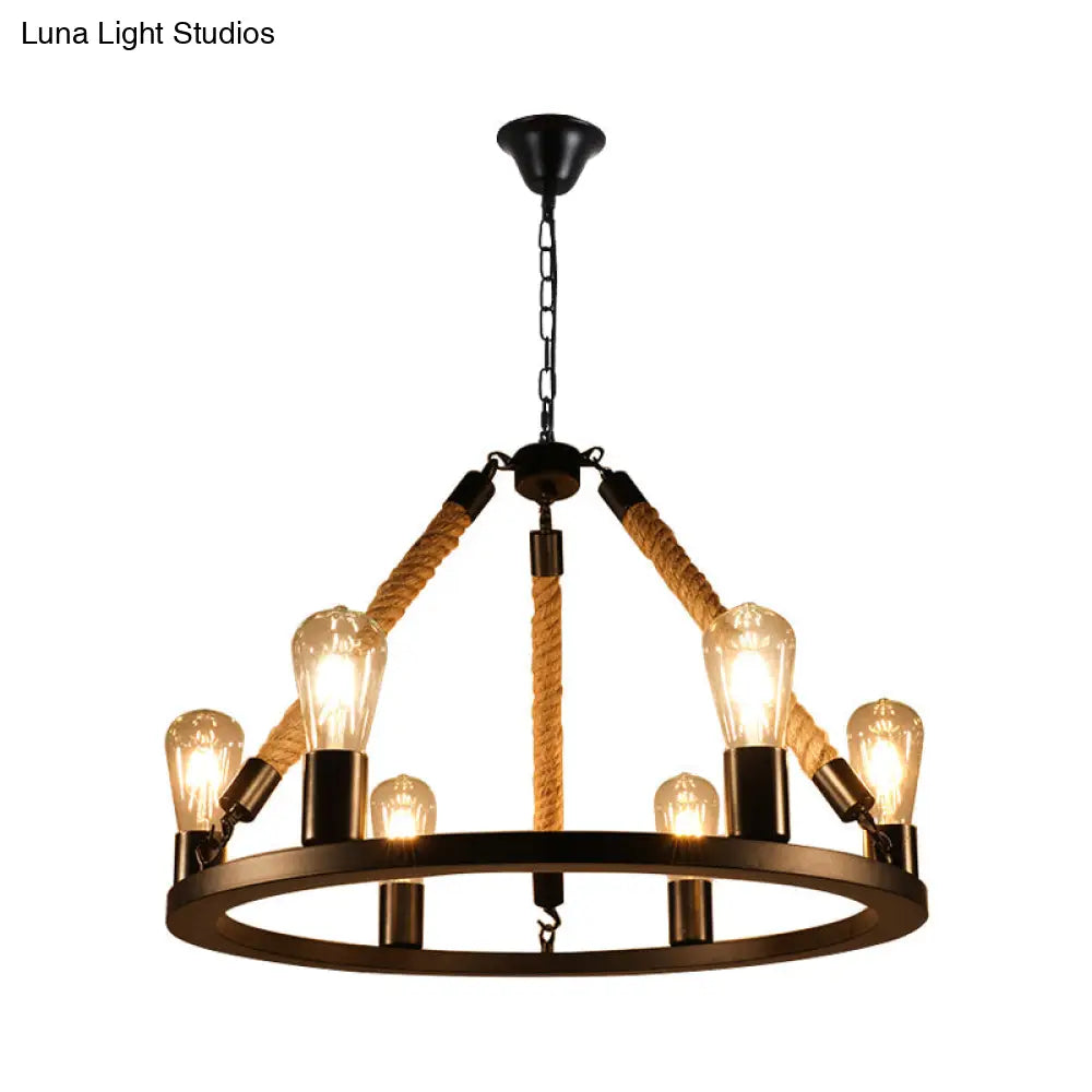 Industrial Metal Chandelier: Open Bulb 6/8-Light Rope Pendant Lamp Black With Ring Design - Dining