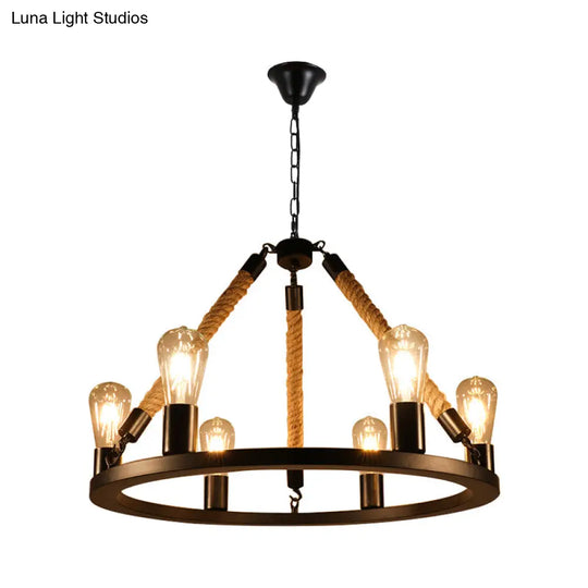 Industrial Metal Chandelier: Open Bulb 6/8-Light Rope Pendant Lamp Black With Ring Design - Dining